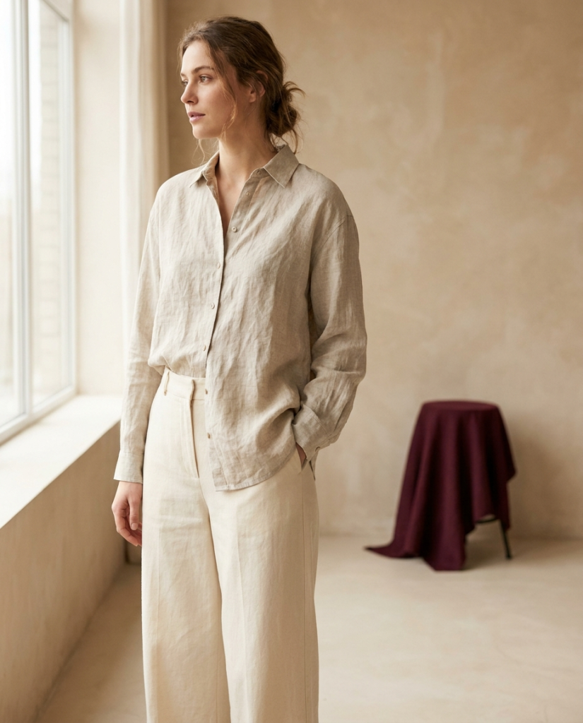 Woman in an oatmeal linen shirt and cream wide-leg trousers